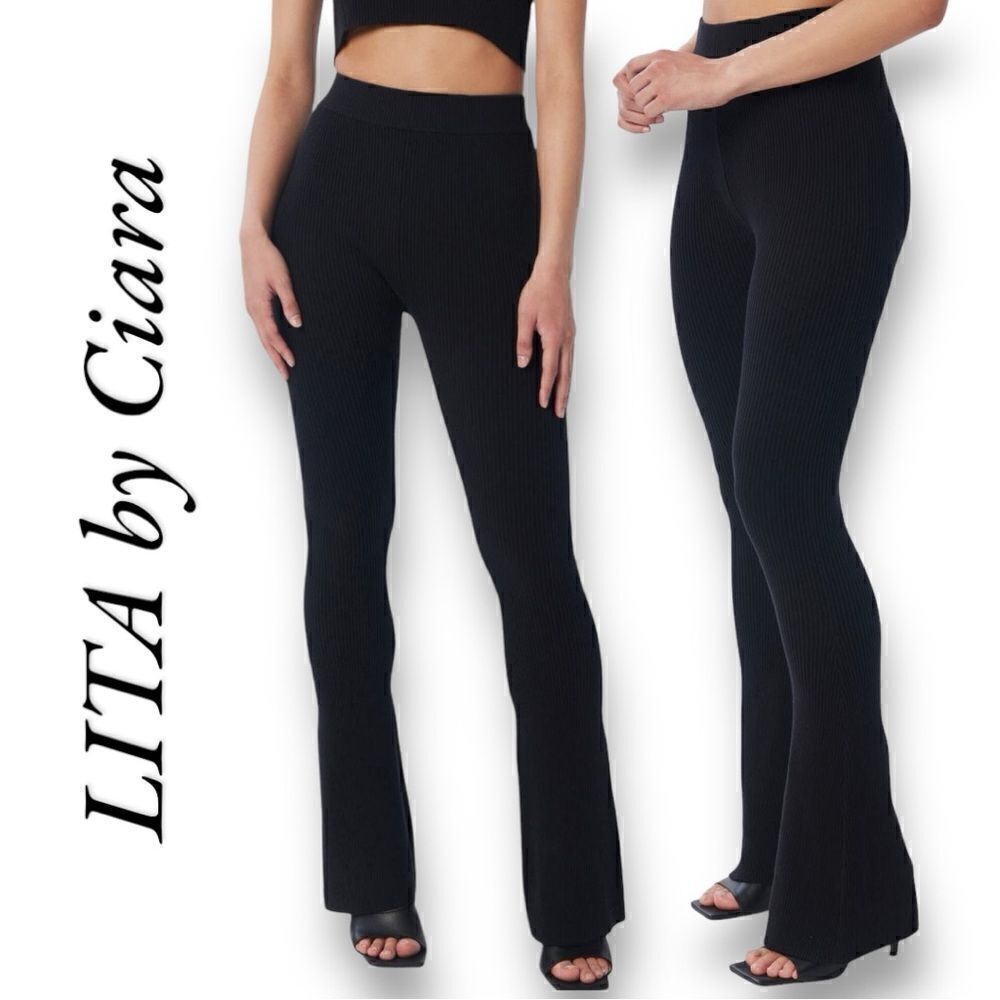 LITA by Ciara Women’s Rib Organic Cotton Flare Pants in the Size Large in Black